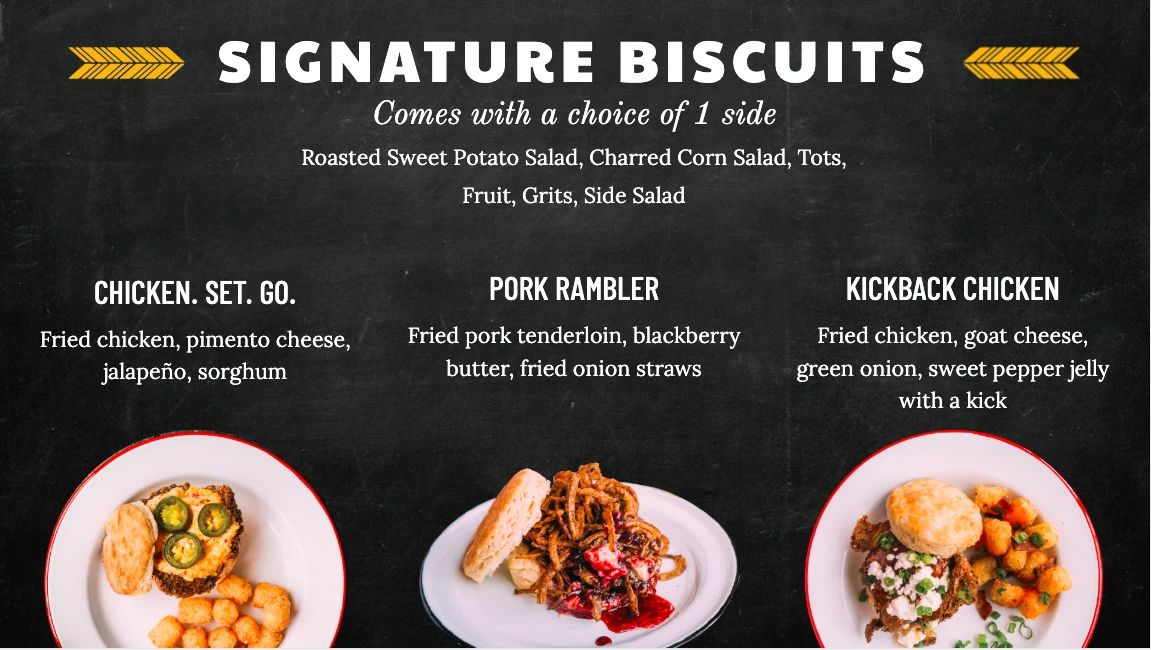 Close-up of the Holler and Dash signature biscuit menu